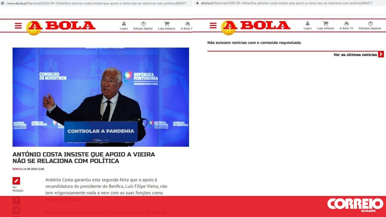 'A Bola' retira do site notícia de apoio de Costa e Medina a Luis Felipe Vieira – TV media