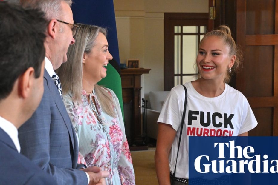 Grace Tame wears anti-Murdoch shirt to PM's morning tea, mocking 'sickly wealthy oligarchs'