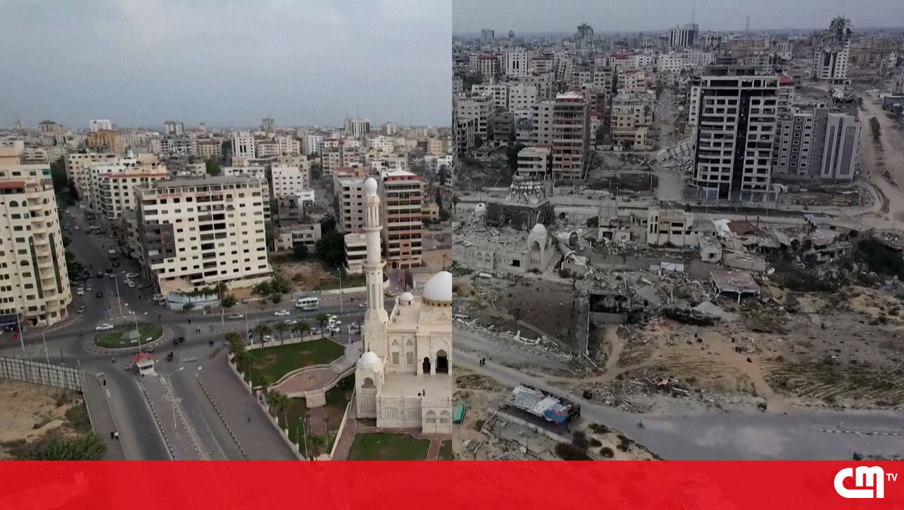 Lente Drone mostra a mesquita de Gaza antes e depois do Video da Guerra