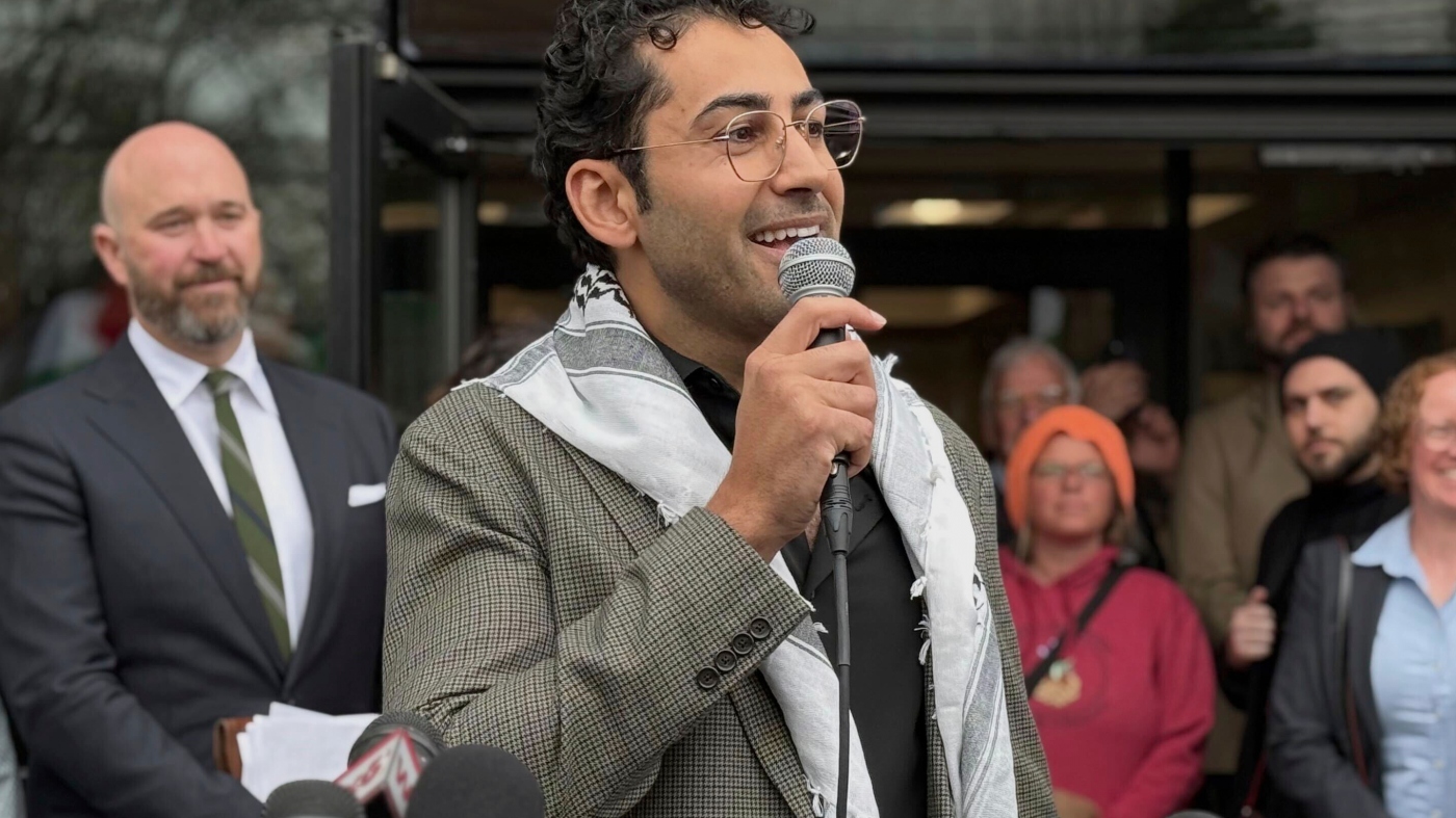 Attorney Mohsen Mahdawi speaks after his release from prison: NPR