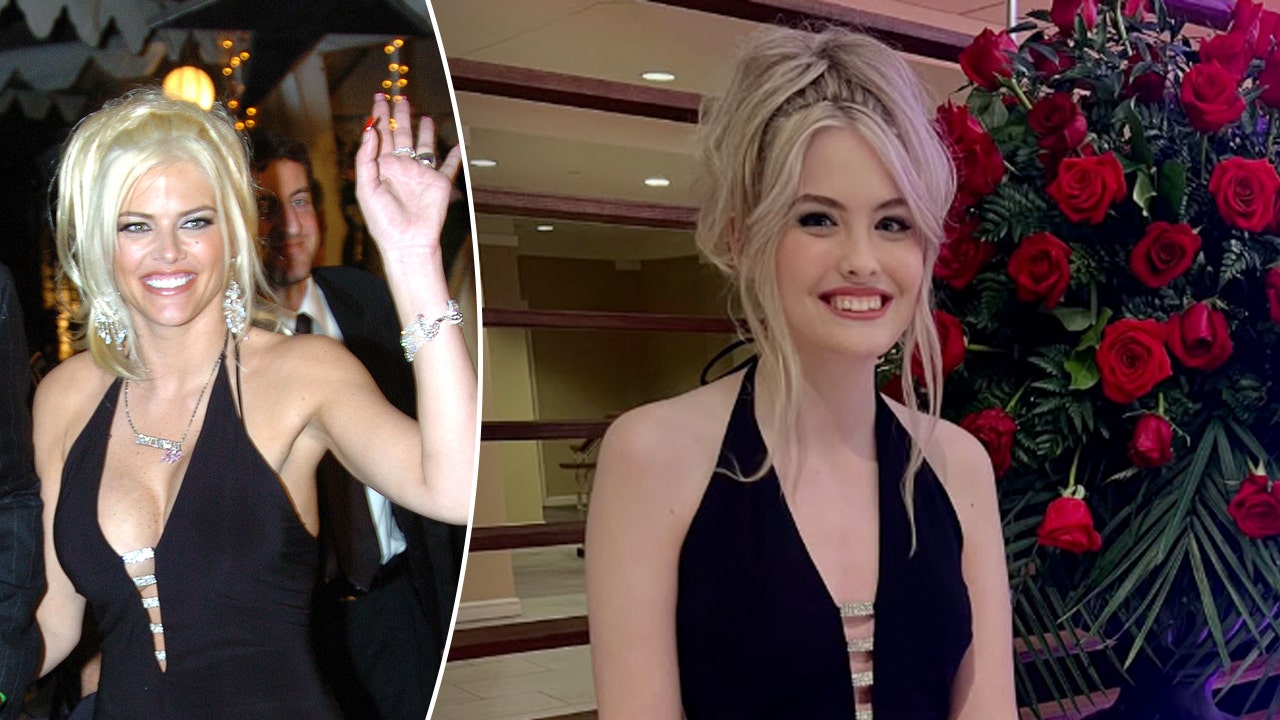 Dannielynn Birkhead Channel late mother Anna Nicole Smith in black dress