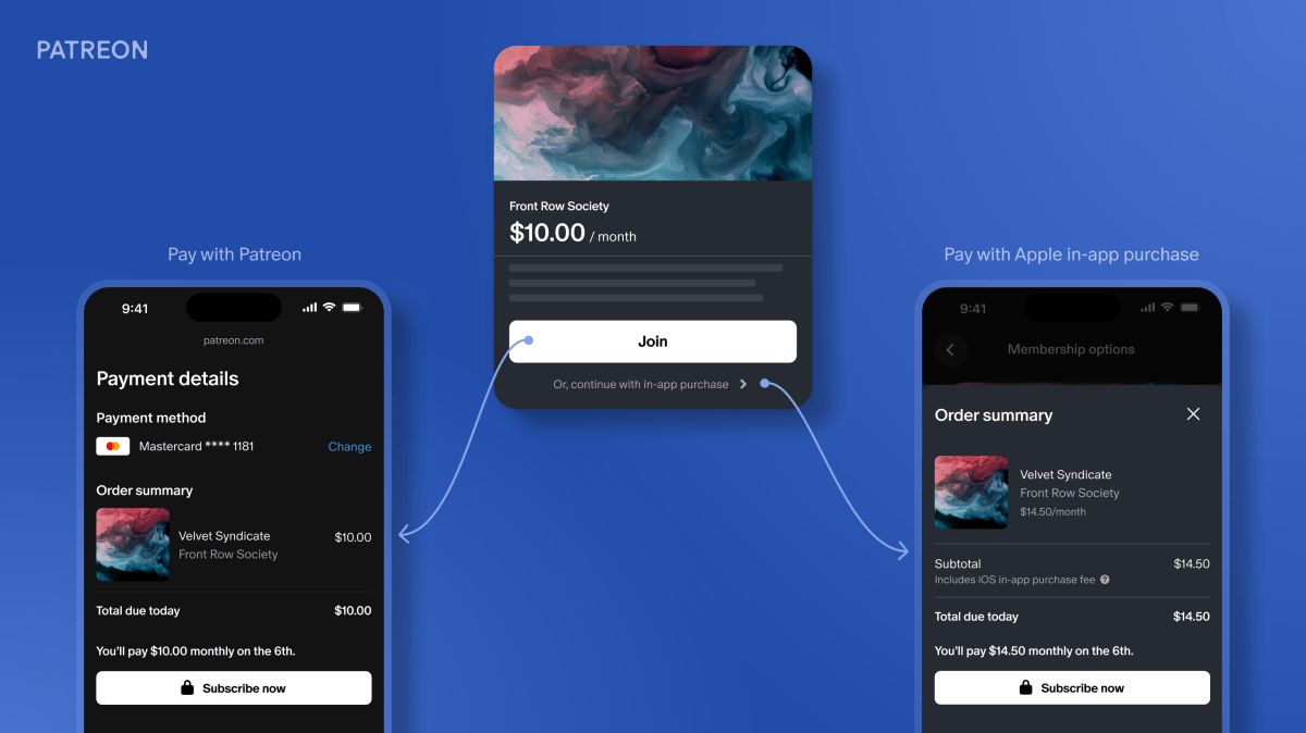After adding your own billing option on iOS, Apple asks Patreon to move it to an external browser